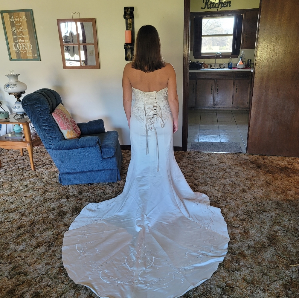 DONATED David's Bridal Trumpet Strapless Satin Ivory Wedding Dress Size 8 - Picture 4 of 14
